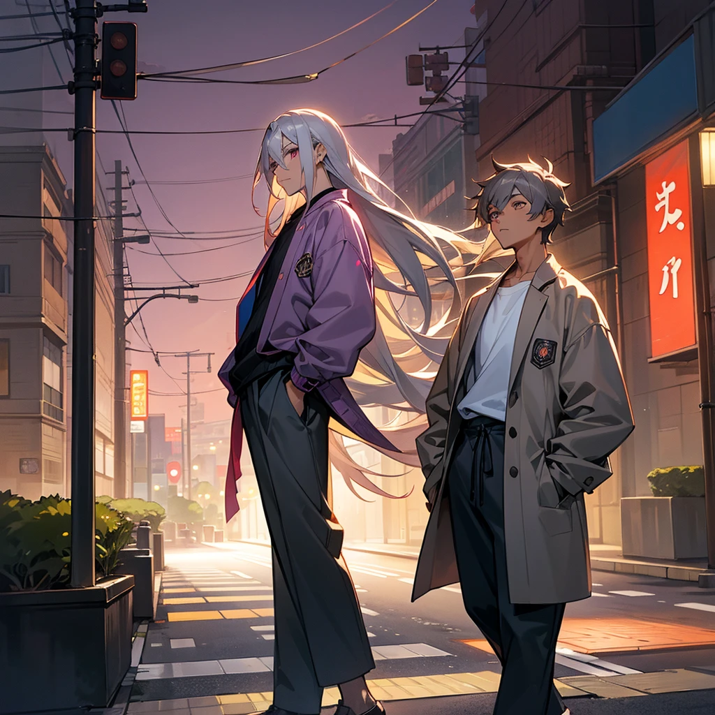 1male, , tan skin, finely detailed plum eyes, straight long hair, grey hair color, fitted boomer jacket, designer shirt, baggy pants, standing on street, night time, tokyo streets, calm expression, muscular