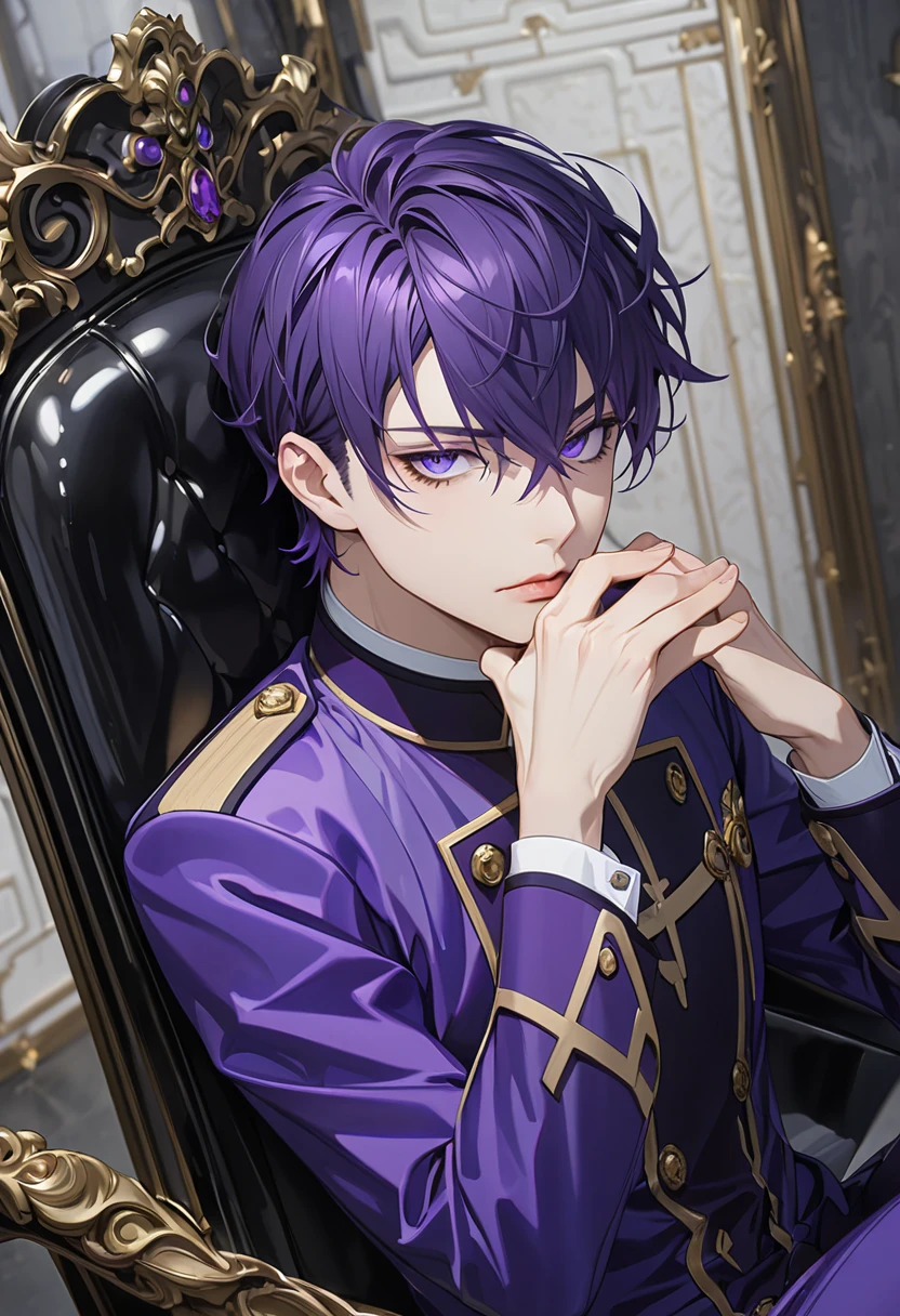 Masterpiece, highest quality, highest resolution, detailed depiction,solo, male、イケメンmale、一人の若いmale、elite、uniform、Cool look、Narrow eyes、Purple Eyes、Thin lips、紺色の髪、 short hair、Condescending gaze、Sit on a large chair and cross your legs 、 Place your elbows on the armrests and place your fingers around your temples、Angle from the ground、