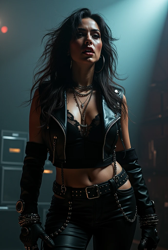 A dark-haired woman with a fierce expression, wearing a leather jacket and spiky accessories, performing on stage with a heavy metal band, (best quality,4k,8k,highres,masterpiece:1.2),ultra-detailed,(realistic,photorealistic,photo-realistic:1.37),dark and gritty atmosphere, dramatic lighting, dramatic camera angles, concert venue, intense energy, dynamic movement, powerful guitar riffs, pounding drums, deep bass, moody colors, cinematic composition