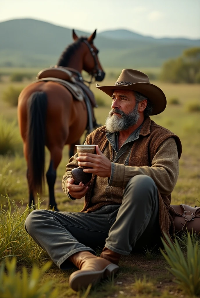 an expressionism acrylic painting of the wild west era cowboy, jungle snow winter, holding a hot-drinking cup, sitting on a rock, covering body with animal skin, thirty degrees side view, breathing, epic realism, extremely detailed, 8k
