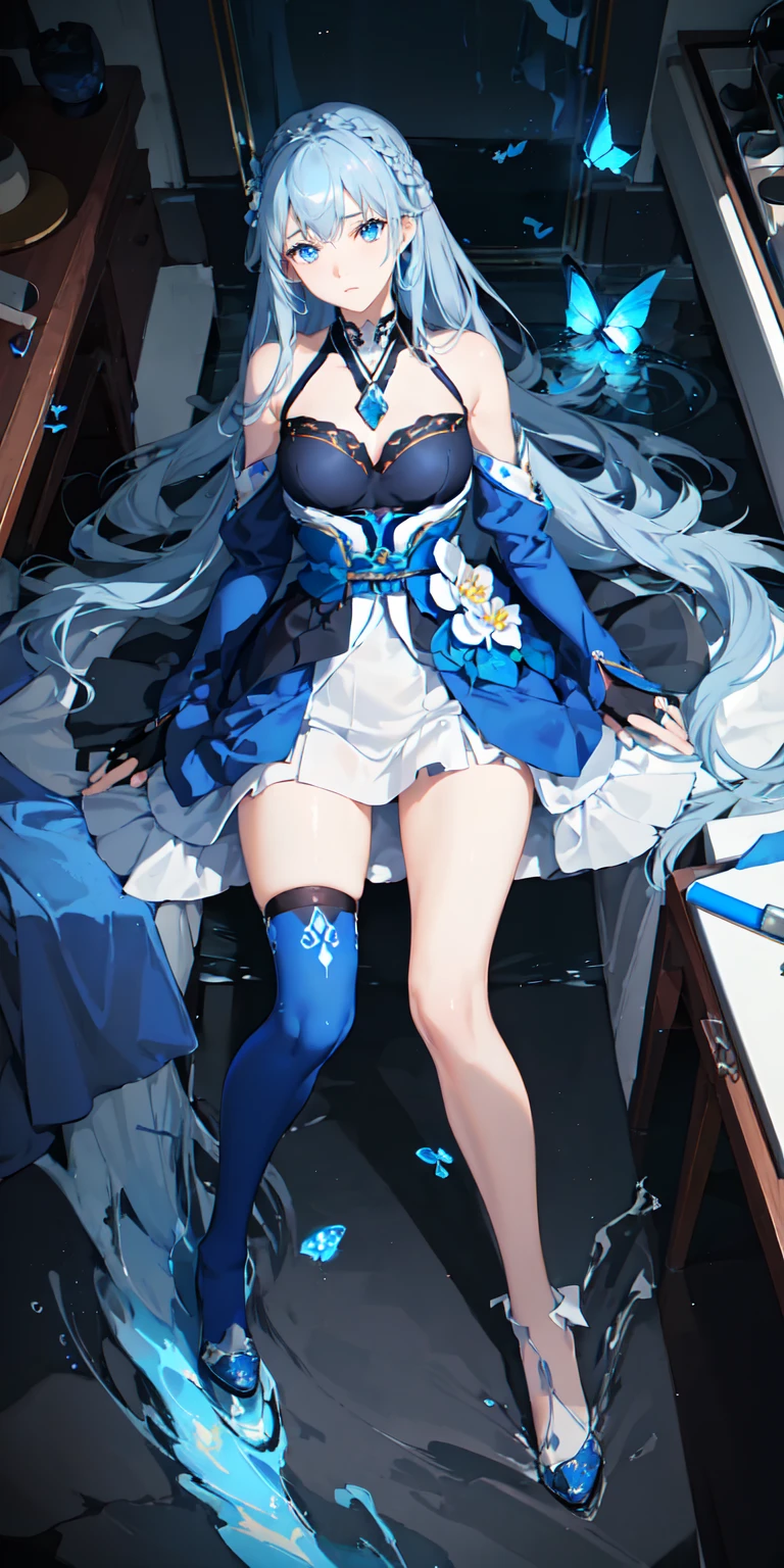 White long hair，Red pupils，White suspender thigh boots，white long gloves，White elbow long gloves，White high-heeled thigh boots，White thigh boots，White belt，White leg rings，white  dress，Blue sole，sit on bed，White corset，your legs，Blue belt，ornate clothes，anime - style image of a woman in a white dress sitting on a bed, from girls frontline, Fine details. Girl Front, from arknights, trending on artstation pixiv, azur lane style, Best anime 4k konachan wallpaper, Guweiz in Pixiv ArtStation, come from《azur lane》videogame, girls frontline style