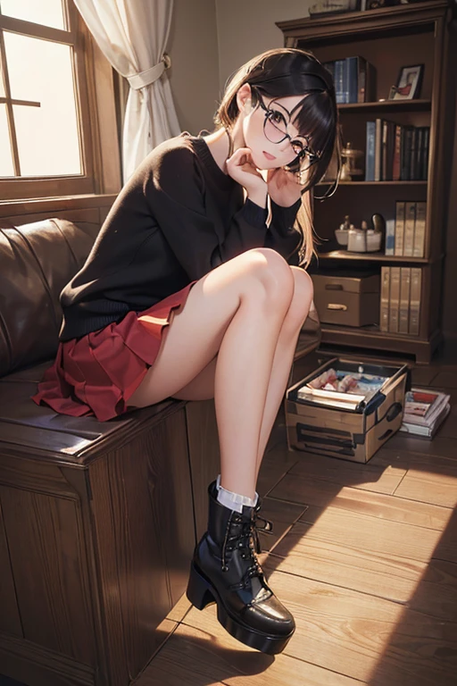 ((Best Quality)), ((傑Best Quality、masterpiece、High sensitivity、 Hi-Res、詳細な描写、 Delicate Facial Description)), Slender woman、Glasses、 jumper skirt、Platform boots、