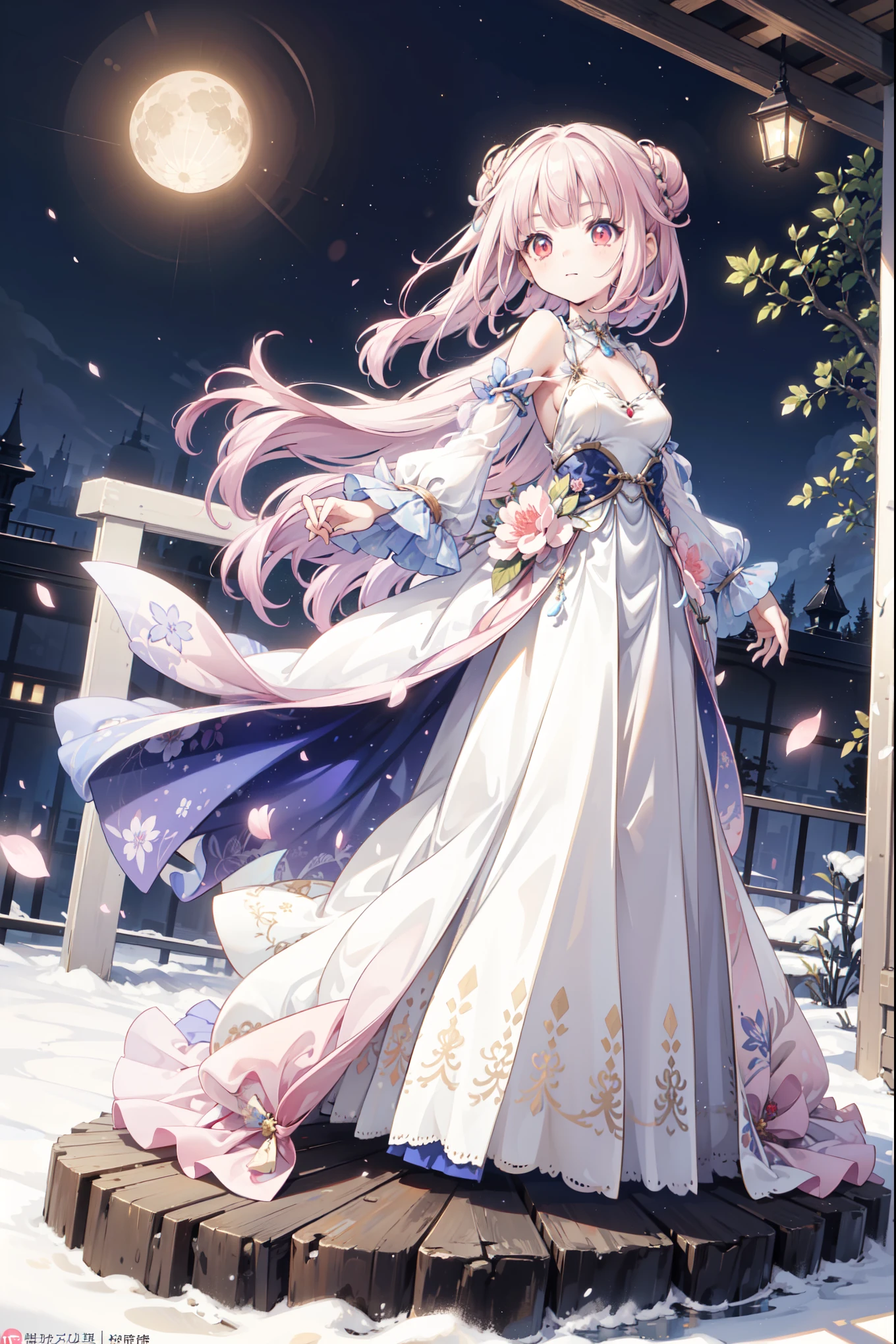 (((Best quality, High Res, masterpiece , masterpiece , Best, High Res))). a girl , solitary. (((My child is beautiful, Lovely girl with fine pink hair , Short, slim figure , and anime faces))). She is a young girl, About ten years old, has gorgeous white skin and long hair ,The princess of the Moon , tied it into a small bun. She has depth, Shining red eyes,tilt. There was no expression on her face.. She has medically correct body and adolescent breasts. Her limbs are slender, has medically correct limbs and fingers . Her skirt is white,Very short ((Long gown)), Translucent and transparent, With blue ivy pattern. When she is in a pose , Her clothes fluttered in the wind when she posed . Her background is a simple starry sky .