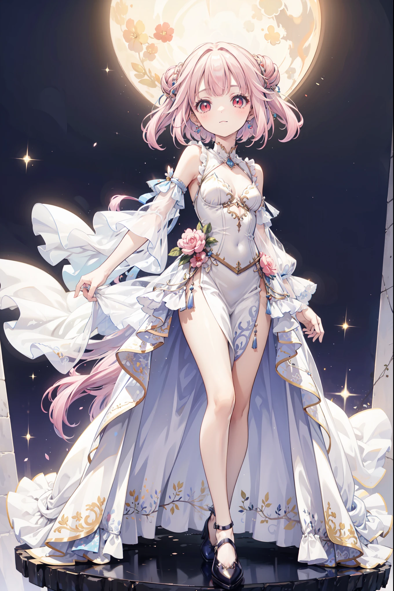 (((Best quality, High Res, masterpiece , masterpiece , Best, High Res))). a girl , solitary. (((My child is beautiful, Lovely girl with fine pink hair , Short, slim figure , and anime faces))). She is a young girl, About ten years old, has gorgeous white skin and long hair ,The princess of the Moon , tied it into a small bun. She has depth, Shining red eyes,tilt. There was no expression on her face.. She has medically correct body and adolescent breasts. Her limbs are slender, has medically correct limbs and fingers . Her skirt is white,Very short ((Long gown)), Translucent and transparent, With blue ivy pattern. When she is in a pose , Her clothes fluttered in the wind when she posed . Her background is a simple starry sky .
