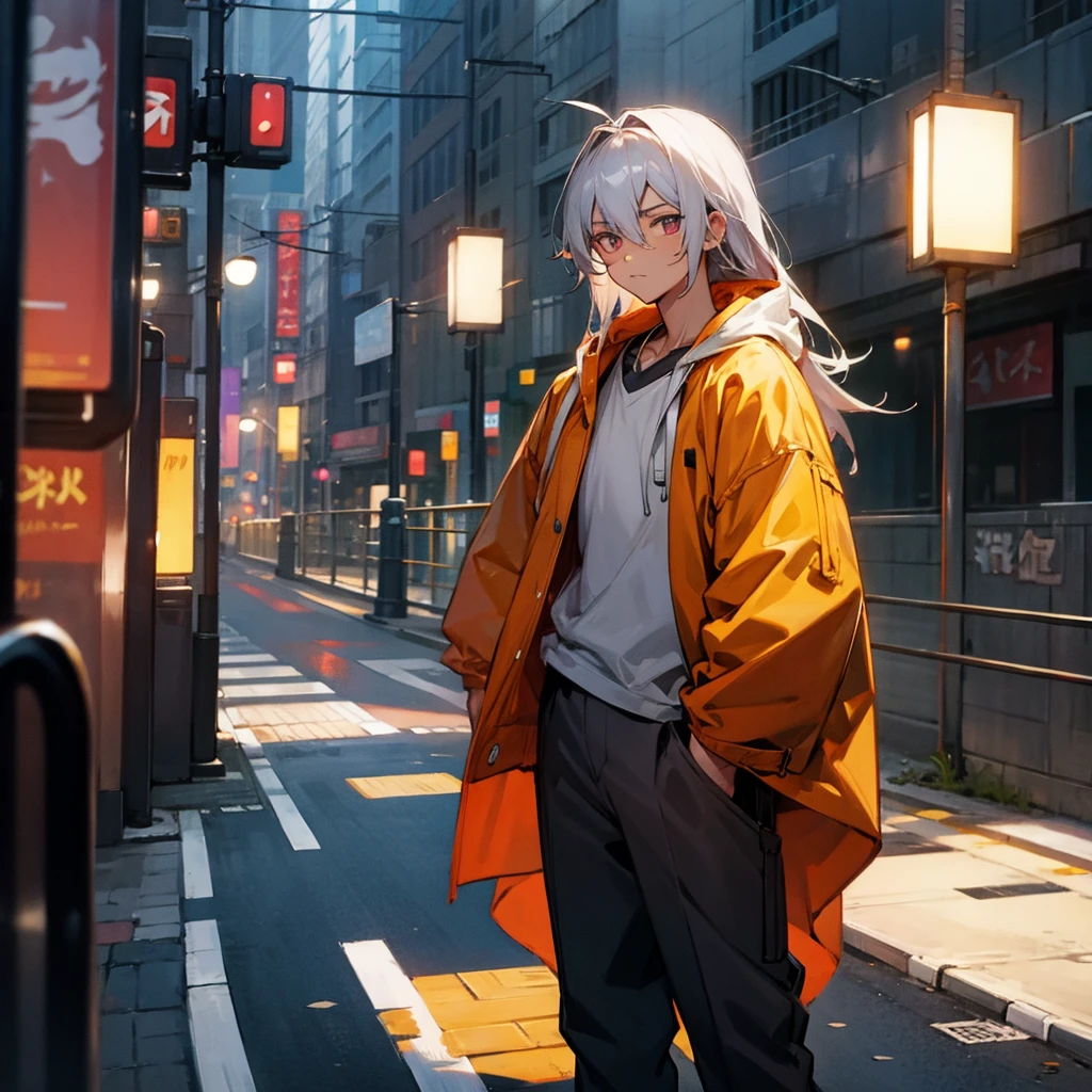 1male, young teen, tan skin, finely detailed plum eyes, straight long hair, grey hair color, fitted boomer jacket, designer shirt, baggy pants, standing on street, night time, tokyo streets, calm expression, muscular