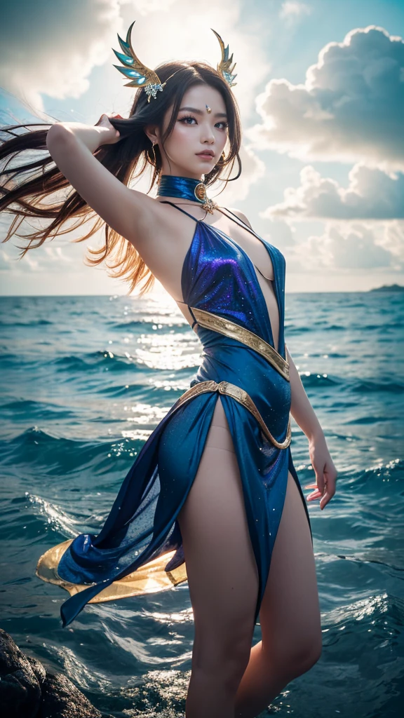 (best quality,4K,8k,highres,masterpiece:1.2), game character, one young and extremely beautiful female game character, powerful telekinesis, soaring through the sky, dancing above a bustling city, wearing a captivating costume, with hair and costume flowing in the wind、Dynamic pose、