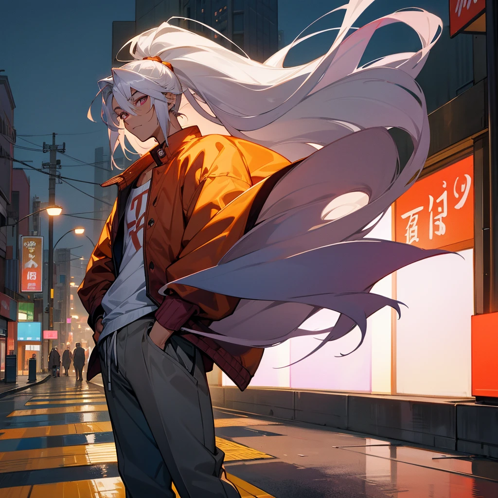 1male, , tan skin, finely detailed plum eyes, straight long hair, grey hair color, fitted boomer jacket, designer shirt, baggy pants, standing on street, night time, tokyo streets, calm expression, muscular