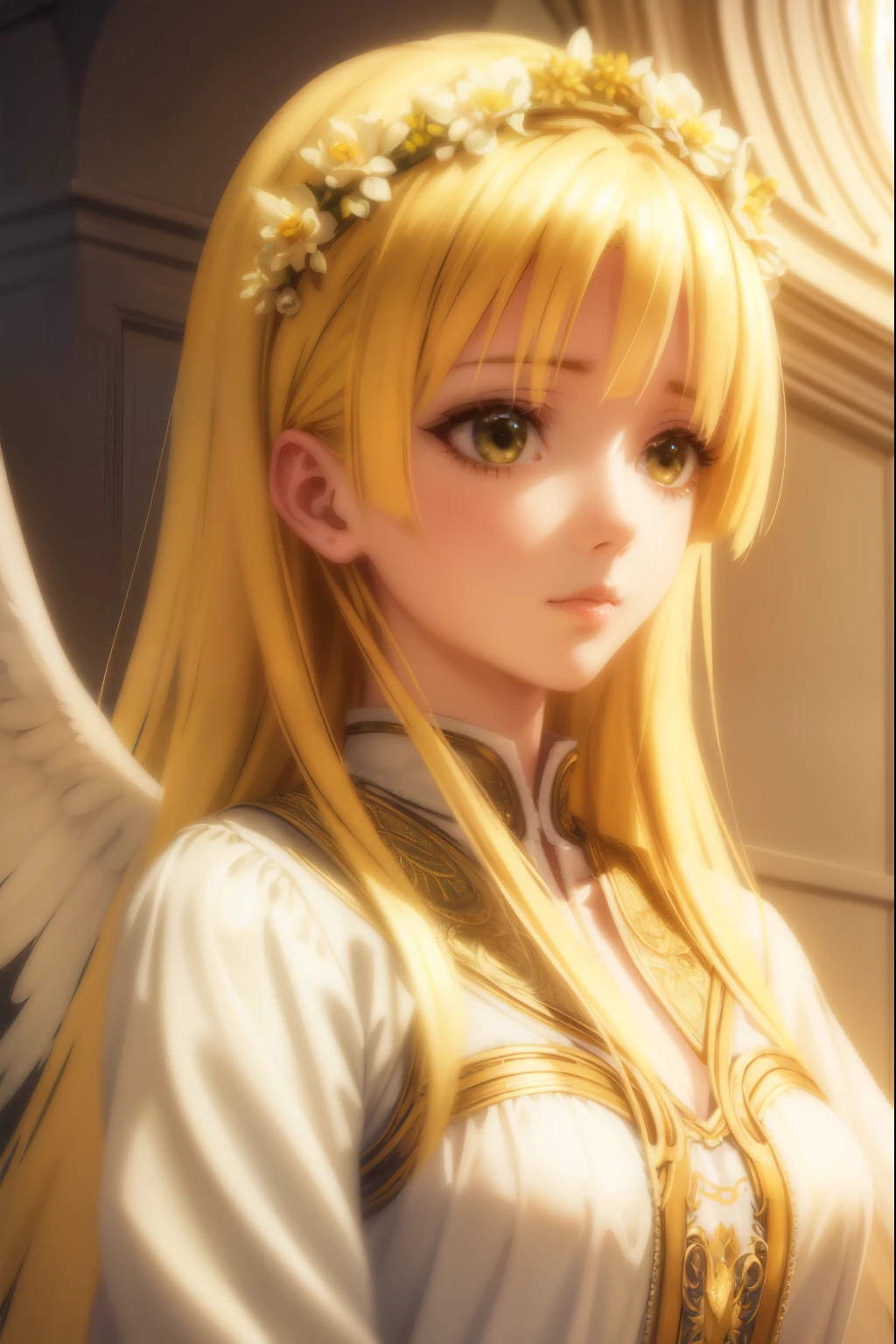 A beautiful young girl with yellow hair and angelic wings, highly detailed anime style illustration, 1girl, detailed facial features, long eyelashes, flower crown, elegant pose, cinematic lighting, vibrant colors, digital painting, masterpiece, photorealistic, 8k, best quality