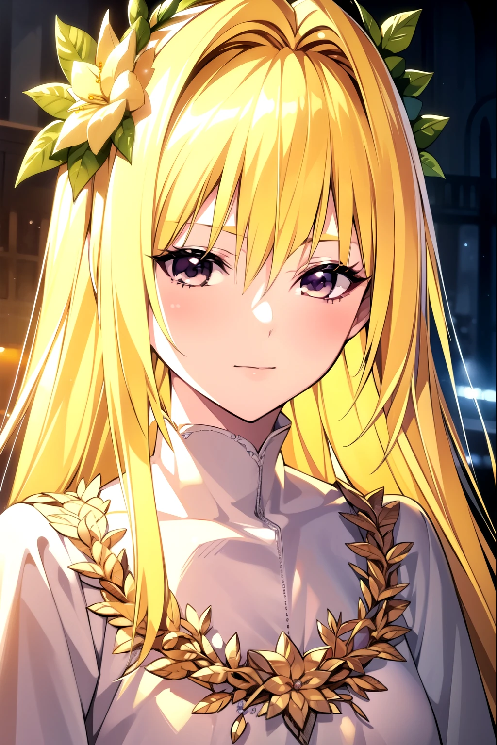 A beautiful young girl with yellow hair and angelic wings, highly detailed anime style illustration, 1girl, detailed facial features, long eyelashes, flower crown, elegant pose, cinematic lighting, vibrant colors, digital painting, masterpiece, photorealistic, 8k, best quality