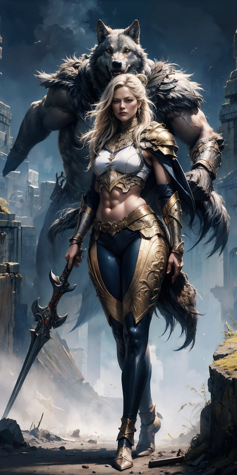 1 Girl (implying one person, likely female)
Full Body: Standing with perfect symmetry
Legs: Long legs, toned. Wearing tight spandex leggings with visible outlines.
Muscular Build: defined physique
Turned Arms: Muscular arms positioned behind her back
Theme:
Dark Fantasy: Set in a dark fantasy world
Asgard: Inspired by Norse mythology (can be subtle or more prominent)
Valkyrie/Lady Knight: Combining elements of a fierce warrior and noble protector
A motif incorporated into her armor or clothing: wolf pelt, wolf cloak
Visual Style:
Hyper Realistic: Incredibly lifelike detail
Masterpiece: Exceptional quality
8K Resolution: Sharp and high definition
Detailed Drawing: Intricate and richly textured
Superior Quality: The best possible rendering
Epic Composition: Dramatic and visually stunning
