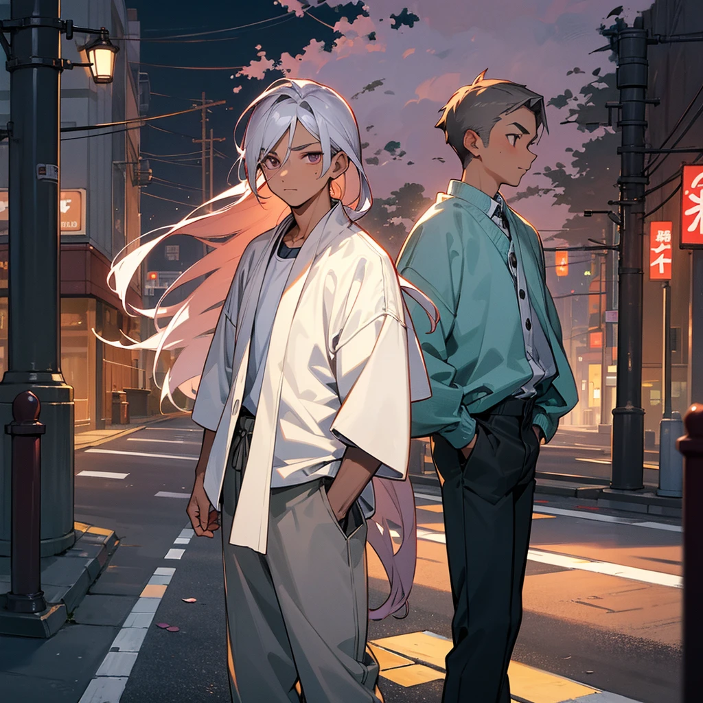 1male, young teen, tan skin, finely detailed plum eyes, straight long hair, grey hair color, fitted boomer jacket, designer shirt, baggy pants, standing on street, night time, tokyo streets, calm expression, muscular