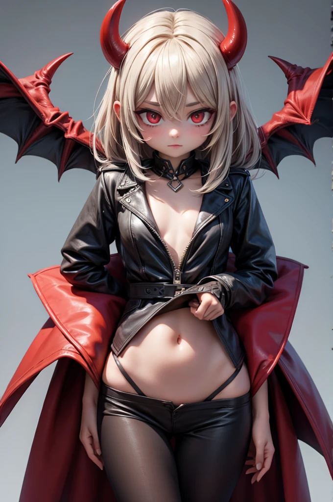 Master painting, 8K picture quality, master painting, 8K picture quality, small chest, demon wings, exquisite eye portrayal, delicate facial features portrayal, delicate body portrayal, delicate makeup depiction, red leather coat, long blonde hair, slender figure, open chest, long legs, ((exposed)) ((injured)) full of blood, looming, gorgeous jewelry, chest