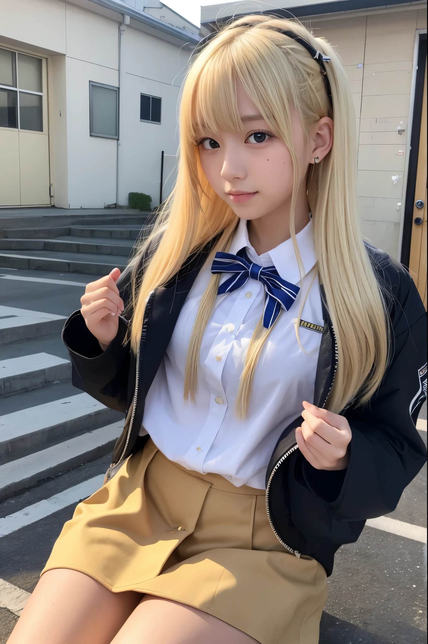(Highest quality、4K、8k、High resolution、masterpiece:1.2)、Very detailed、(Genuine、Realistic、Realistic:1.3)、classroom、Ear piercing、Worn school uniform、Gal Makeup、Gal Fashion、((blonde))、high school girl、