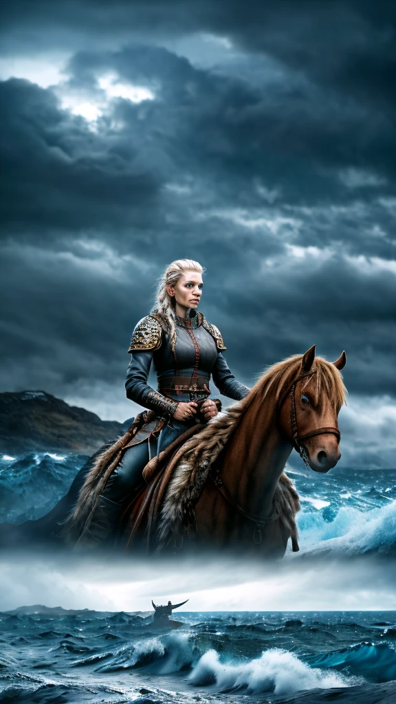 a brave nordic warrior woman, viking shield on her back, looking out over a stormy sea from a cliff, viking ships approaching the shore, magnificent scene from a film inspired by the tv series Vikings, detailed portrait, highly detailed face, intricate details, realistic, photorealistic, ultra-detailed, 8k, best quality, masterpiece, dramatic lighting, epic fantasy, dramatic, moody, cinematic, wide angle, sweeping landscape