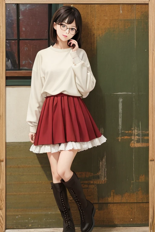 ((Best Quality)), ((傑Best Quality、masterpiece、High sensitivity、 Hi-Res、詳細な描写、 Delicate Facial Description)), Slender woman、Glasses、 jumper skirt、Platform boots、