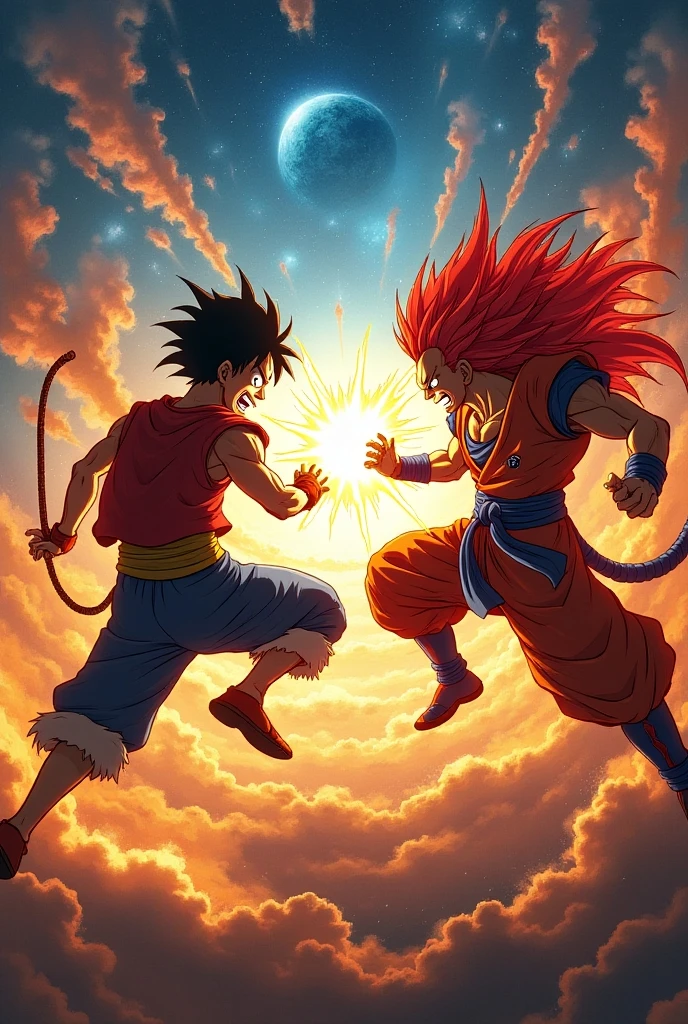 son goku, 1boy, battle damage, blue sky, blurry, blurry background, dougi, glacier, male focus, open mouth, red eyes, red hair, sky, solo, super saiyan, super saiyan god, torn clothes, ((masterpiece))