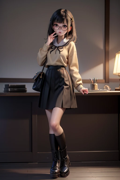 ((Best Quality)), ((傑Best Quality、masterpiece、High sensitivity、 Hi-Res、詳細な描写、 Delicate Facial Description)), Slender woman、Glasses、 jumper skirt、Platform boots、