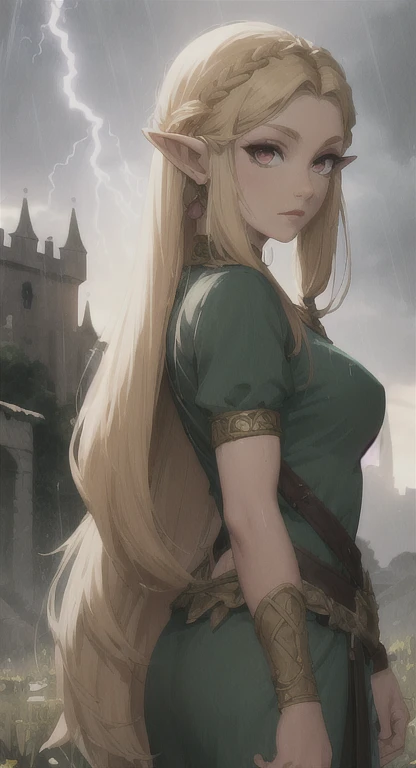 Ancient Hylian, Devine heroine, princess Hylia, blonde, red eyes, glaring at viewer, ancient Devine armor, long messy hair, ancient Hyrule, medieval castle ruins, thunderstorm, lightning, rain,