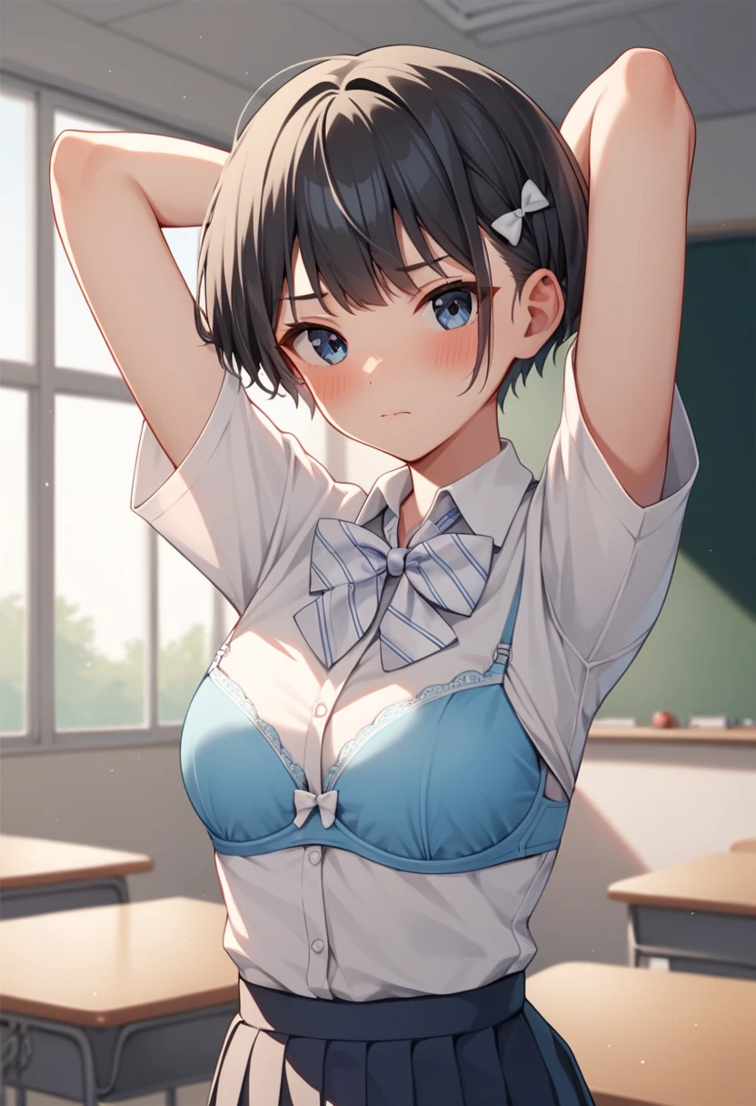 masterpiece,  best quality , ,  arms behind your head , Arm up, track, Black Hair, blush,  white bow tie , Closed mouth,  collared shirt,  school uniform,  short hair, inside,  Looking at the viewer , pupitre, Classroom background, not, and wearing push up blue bra.