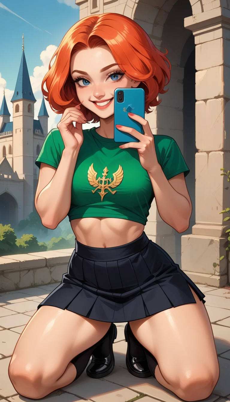  Siph (castelovania), green top and tight white mini skirt above the thigh, short red hair ,blue eyes, smile,  thick thighs  , big boobs,   vibrant colors   , taking a selfie ,(((Sexy pose kneeling , black socks,  black shoes ))), Castle Hall  ,  global illumination ,detailed,visual effects