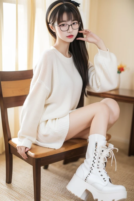 ((Best Quality)), ((傑Best Quality、masterpiece、High sensitivity、 Hi-Res、詳細な描写、 Delicate Facial Description)), Slender woman、Glasses、 jumper skirt、Platform boots、