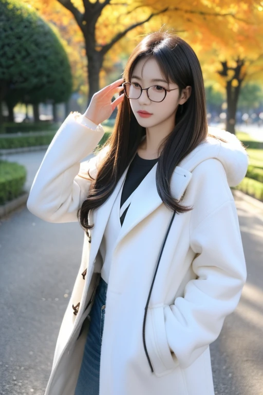 ((Best Quality)), ((傑Best Quality、masterpiece、High sensitivity、 Hi-Res、詳細な描写、 Delicate Facial Description)), Slender woman、Glasses、 duffle coat 、A tree-lined path in the park、