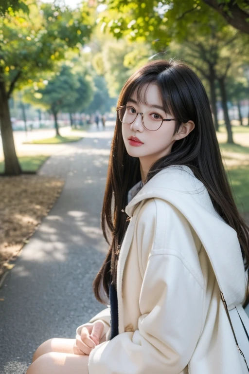 ((Best Quality)), ((傑Best Quality、masterpiece、High sensitivity、 Hi-Res、詳細な描写、 Delicate Facial Description)), Slender woman、Glasses、 duffle coat 、A tree-lined path in the park、