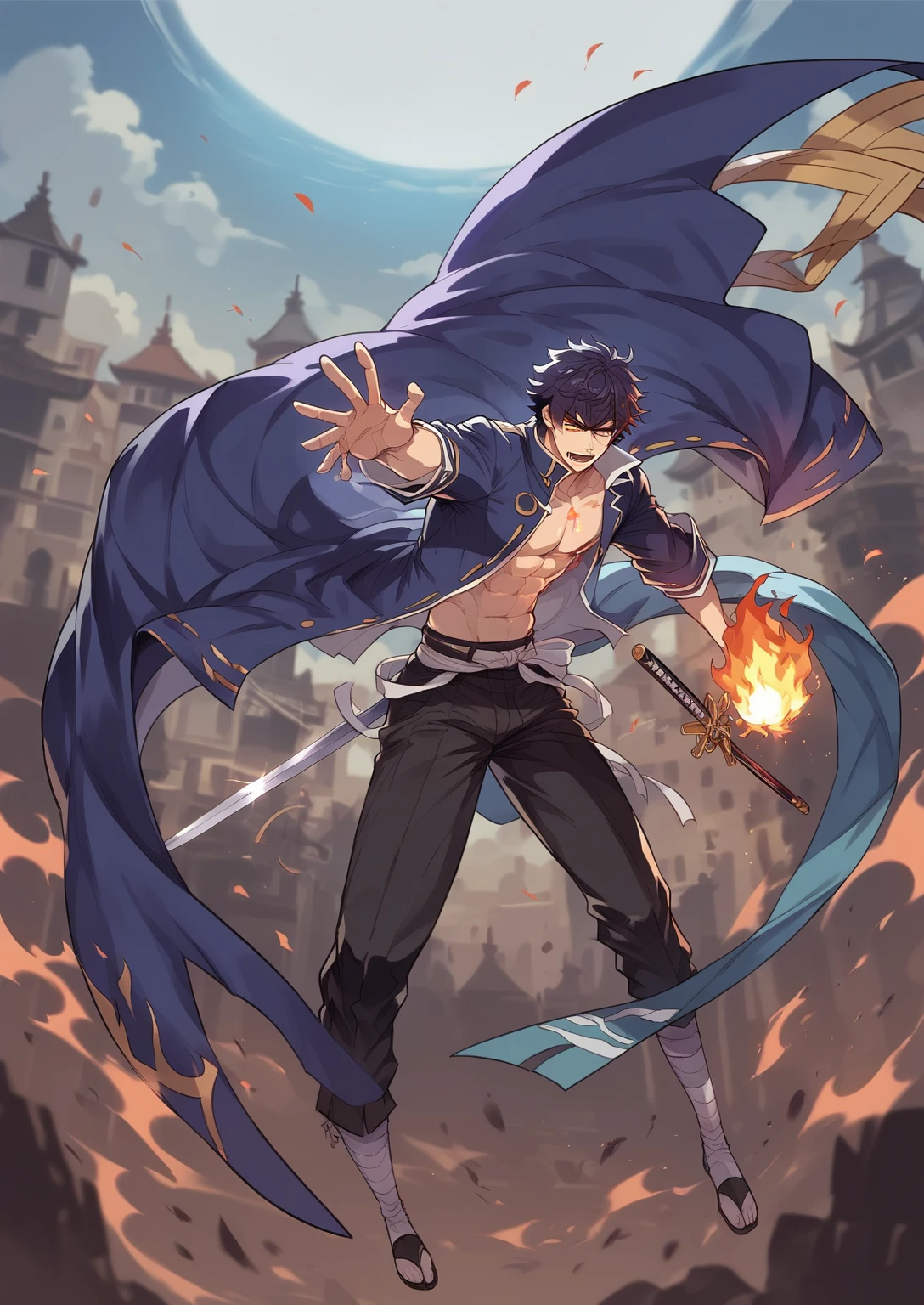 anime - style illustration of a man with a sword and a demon, flames and water, shigenori soejima illustration, epic anime style, flying anime esper, hijikata toushirou of gintama, best anime character design, trending anime artwork, hijikata toushirou, shin megami tensei 