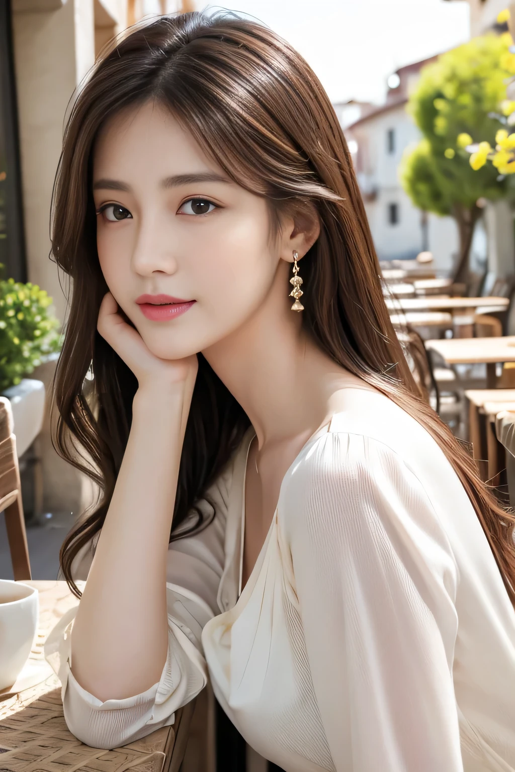 masterpiece, Highest quality, Realistic, Very detailed, Finer details, High resolution, 8k wallpaper, One beautiful woman,Wearing a white dress shirt, On the terrace of a lovely cafe, at noon, Light brown messy hair, Perfect dynamic composition, Beautiful and beautiful eyes、Big earrings、Sleeveless shirt、smile、See-through shirt、