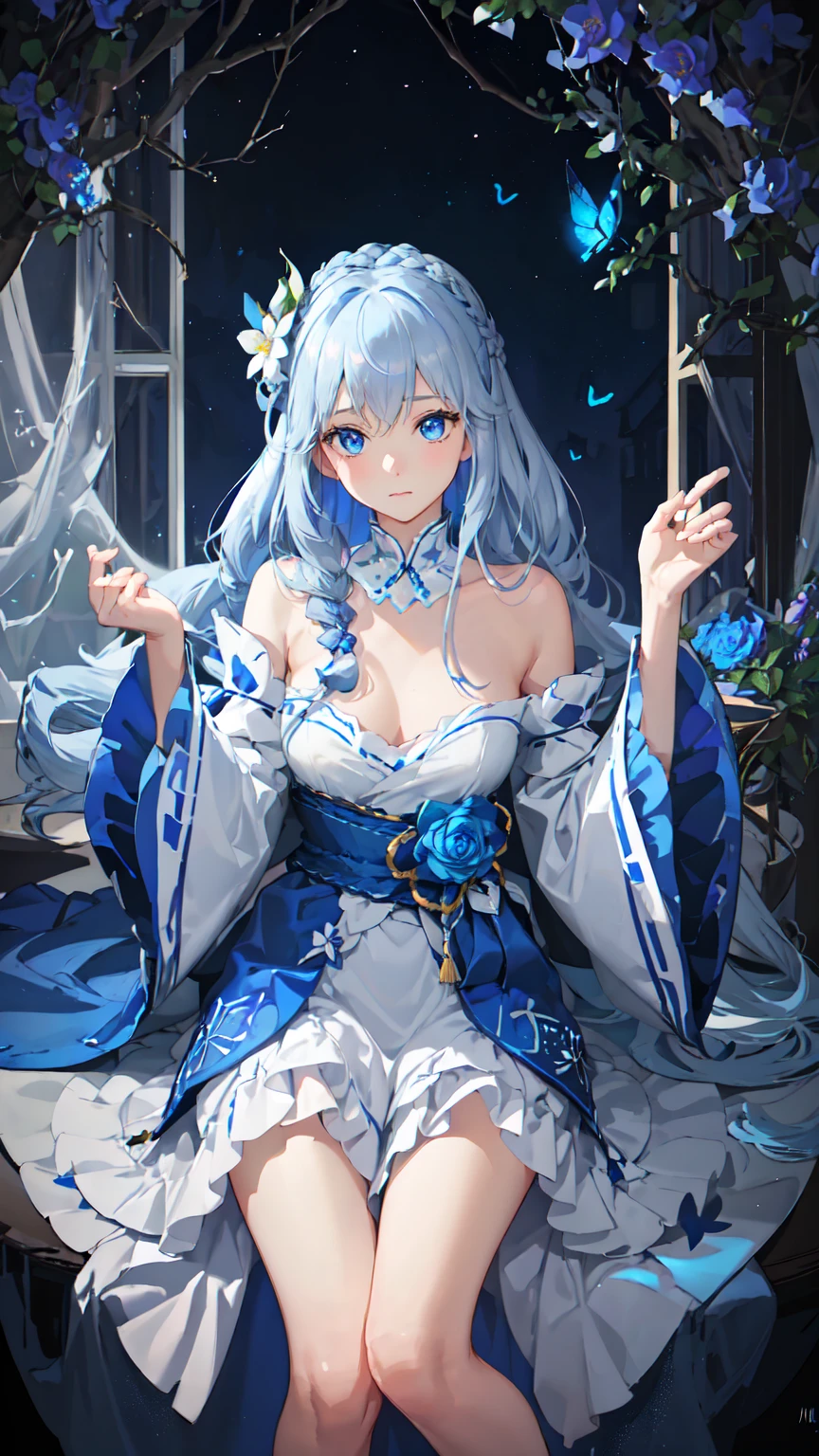 monochrome, watercolor, highres, top quality, best quality, paid reward available, High-quality illustrations, unparalleled masterpiece, perfect artwork, absurdres, 1girl, kemono, furry, detailed body fur, animal face, animal hand, Archaic Smile, holding a cluster of blue flower in both hands, which are positioned at chest level, She is wearing a simple ring on the ring finger of her left hand, unfocused spread of Blue flower, fan-created work shared on platforms Pixiv or Twitter,