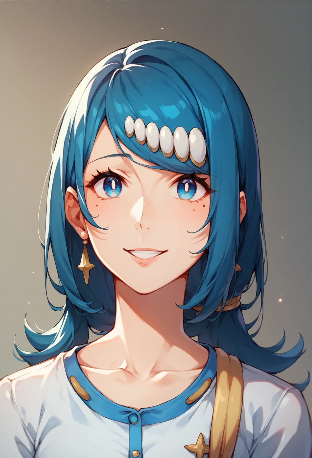 animated font  ,  Mother Pokémon Lana, Blue eyes,   blue hair, regions,  hair ornament, long hair, swept bangs,    Bright parribails  ,  Stewardess uniform, neckline,  beautiful face, smiling, jewelry,   looking at the spectator , home



