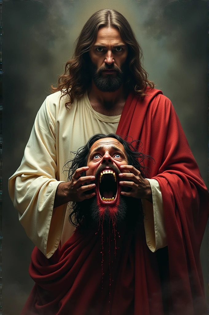 group of people hanging on to a cross, crucifixion, uncontrollable laughter, open mouths, arafed painting, detailed eyes, detailed lips, extremely detailed faces, tension, twisted figures, religious symbolism, pain, suffering, dark atmosphere, dramatic lighting, intense emotions, profound expressions, textured brushstrokes, oil painting, high contrast, chiaroscuro, monochromatic color scheme, intense shadows, haunting, emotional turmoil, agony, despair, sacrilegious, disturbing, eerie, unsettling, somber, thought-provoking, macabre, powerful storytelling, religious iconography, social commentary, controversial, artistic masterpiece, high resolution, ultra-detailed, realistic, vivid colors, vivid emotions
