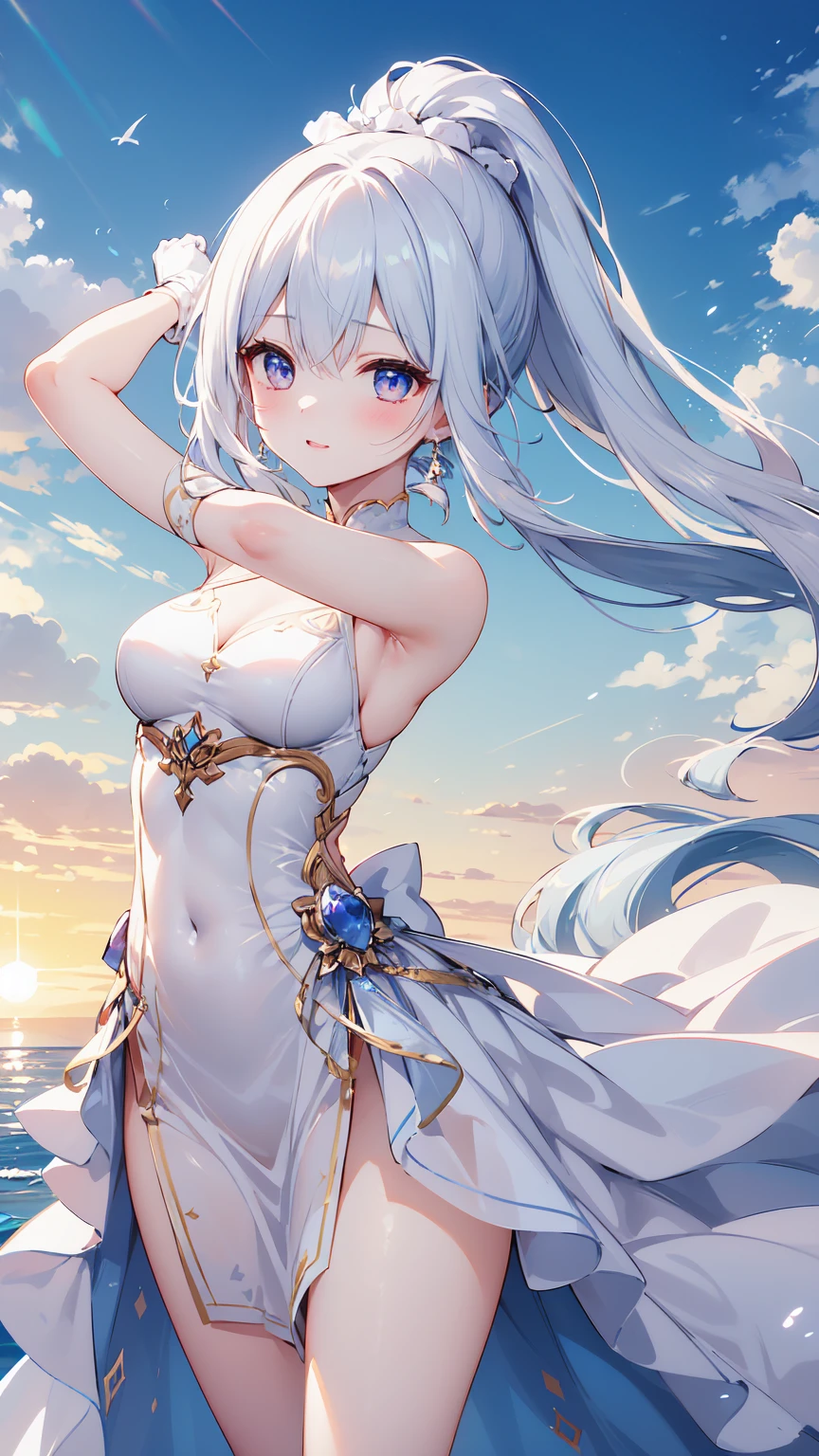 tmasterpiece，best qualtiy，2girl，Floating in the sky，Sunshine Girl，​​clouds，（closeup cleavage：1.1），brightly，cheerfulness，intriguing，gentlesoftlighting，mirth，White-haired girl（bauhause，shape，lineworks，abstracted：1.1）