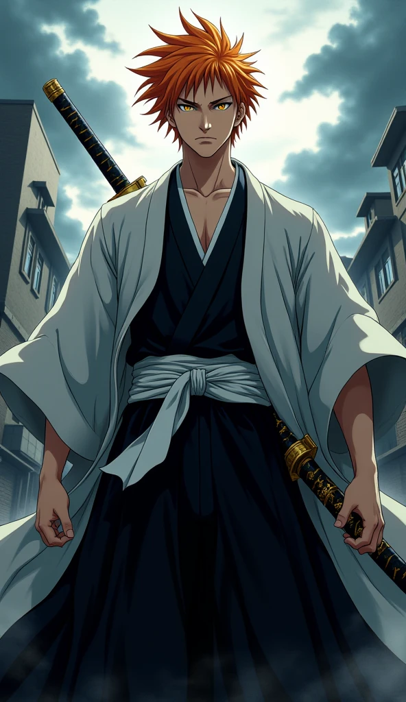 " A male anime-style character ,  inspired by Bleach's aesthetic ,  with a serious and powerful appearance . he is about 20 years old,  is tall and athletic in physique ,  with wide shoulders and a confident posture .  His face has sharp features ,  with intense and penetrating eyes of vibrant color  ( maybe gold or dark blue ),  transmitting strength and determination .  He wears a traditional shinigami uniform ,  composed of a black hakama and white haori ,  slightly battle-worn . The Long Sword (Zanpakuto)  is sheathed around his waist ,  with a detailed design handle and personalized ornaments.  Her hair is medium length , with loose layered locks , in a vibrant tone, like orange, White, the black,  fluttering slightly in the wind . In the background,  a dense urban landscape or battle scene ,  with clouds and a dramatic atmosphere ,  as he looks forward with an intense look , as if he were about to enter combat.  The artistic style is typical of the anime ,  with strong contrasts of shadow and light ,  highlighting the atmosphere dark and energetic ."
(anime style 32K, HDR, UHD, intricate detail, extremely intricate detail, hyperrealistic, extremely realistic, high quality, vivid color, extremely detailed).