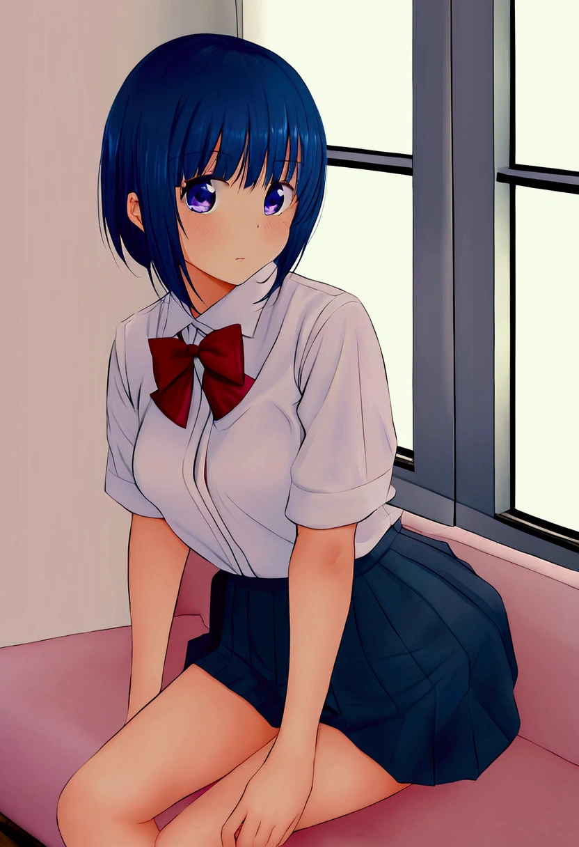 pikkykamiya , 1 , Alone,  looking at the spectator , blue hair,  short hair, fringe, blue eyes,  purple eyes , breasts, medium breasts, skirt, shirt,   school uniform , grey skirt, pleated skirt, white shirt , sitting in the window 