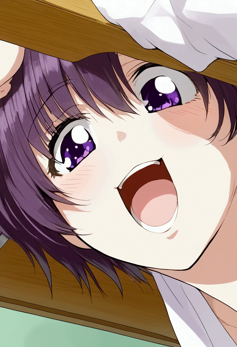 yuzuki_Yukari,  Anime Style Illustration ,  facing the right ,   of the highest quality , purple hair, shame,  1, Alone, Open Your Mouth, smile, Close up do rosto, loose socks, Sitting on the school desk,  looking at the spectator , underneath,