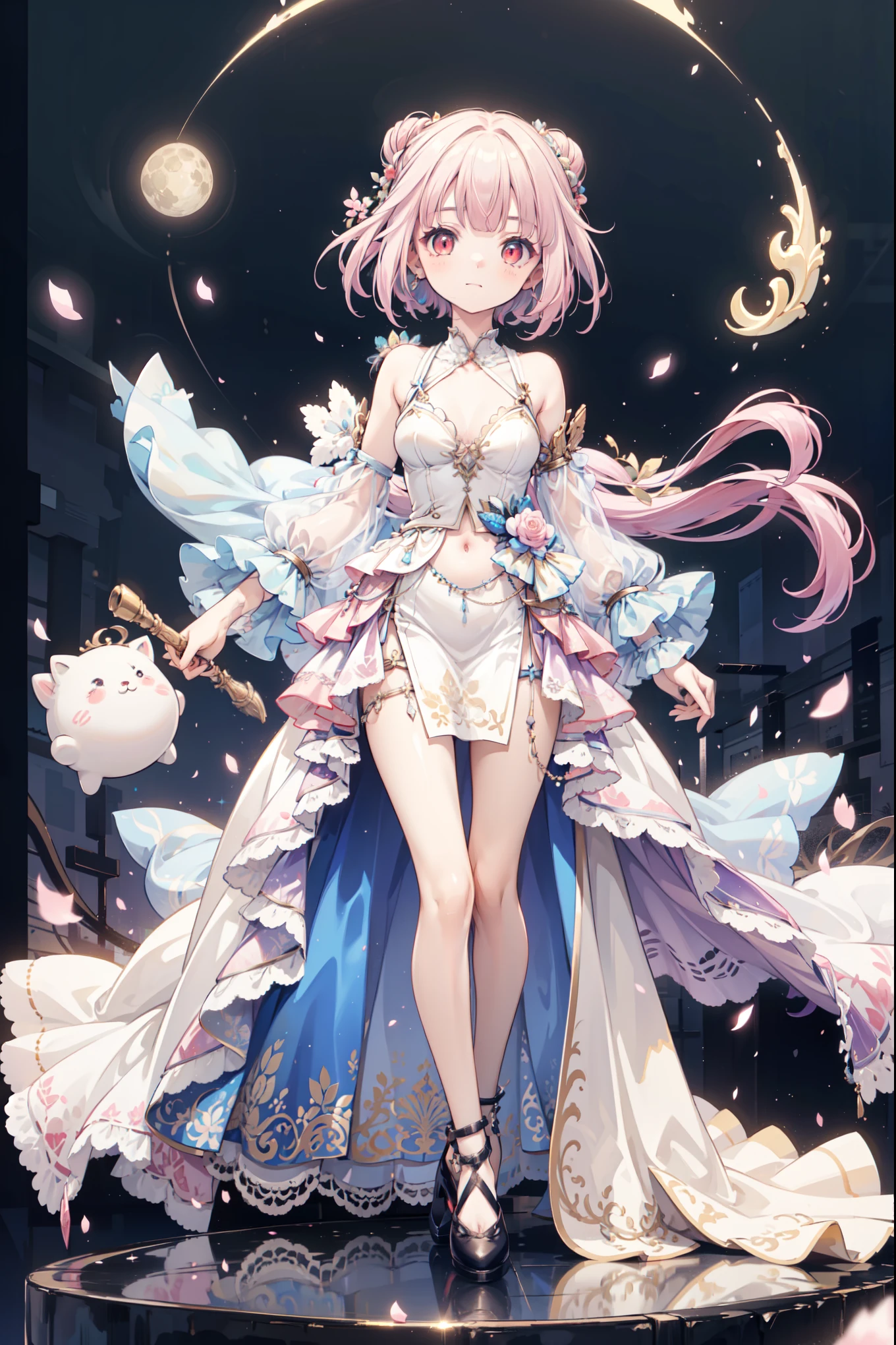 (((Best quality, High Res, masterpiece , masterpiece , Best, High Res))). a girl , solitary. (((My child is beautiful, Lovely girl with fine pink hair , Short, slim figure , and anime faces))). She is a young girl, About ten years old, has gorgeous white skin and long hair ,The princess of the Moon , tied it into a small bun. She has depth, Shining red eyes,tilt. There was no expression on her face.. She has medically correct body and adolescent breasts. Her limbs are slender, has medically correct limbs and fingers . Her skirt is white,Very short ((Long gown)), Translucent and transparent, With blue ivy pattern. When she is in a pose , Her clothes fluttered in the wind when she posed . Her background is a simple starry sky .