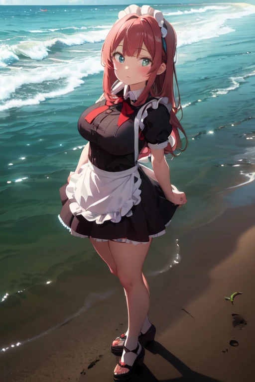 masterpiece, best quality, highres, 1girl, solo, kusuribb, large breasts, red hair, turquoise eyes, long hair, maid uniform, maid hat, apron, beach, eyewears, glasses, full body, standing, arms behind back