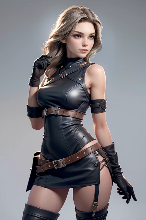 Young woman dark brown eyes,  shaggy blond hair ,  gray leather clothing , Capelina , Gloves, if, straps,  natural lighting ,  ultra resolution ,  plain white background , without patterns, No textures.