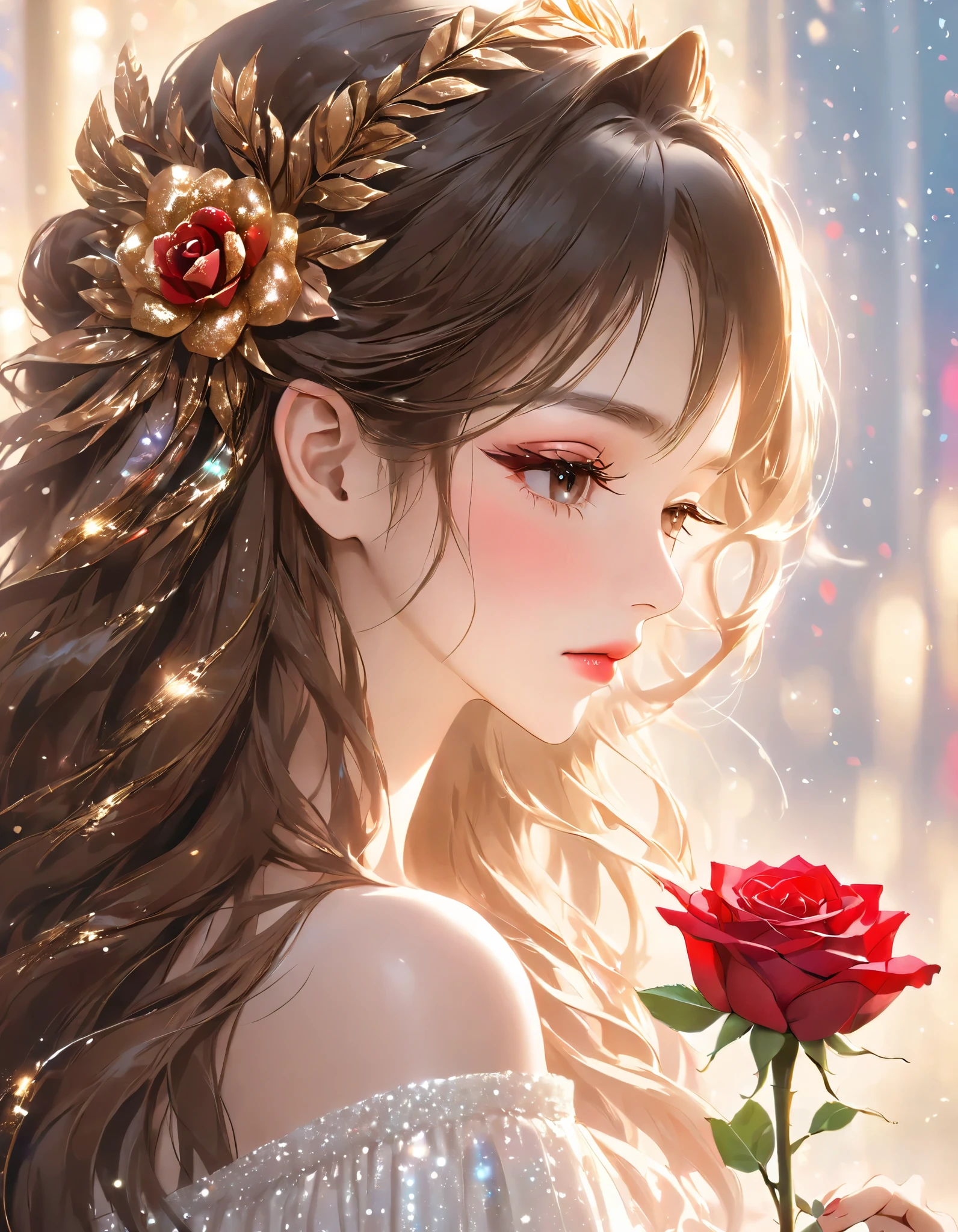 Close-up of the profile of a beautiful girl with long brown hair, closing her eyelids, not opening her eyes, holding a red rose in her hand and smelling it, long eyelashes, white off-the-shoulder outfit, mature, made-up face, pretty, older woman, glitter eye make-up, Korean-style make-up, masterpiece, perfect hand shape