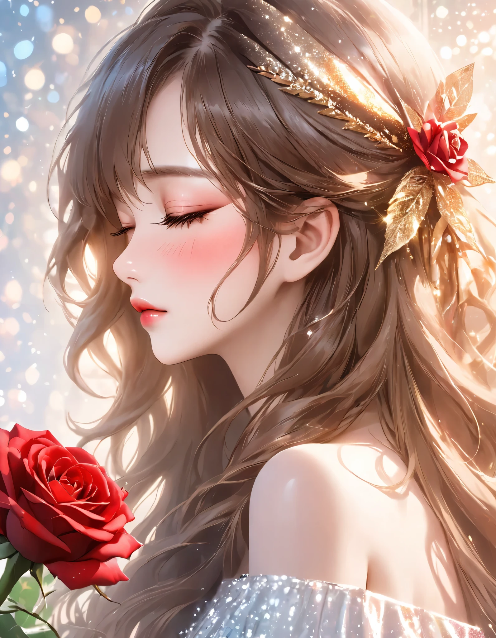 Close-up of the profile of a beautiful girl with long brown hair, closing her eyelids, not opening her eyes, holding a red rose in her hand and smelling it, long eyelashes, white off-the-shoulder outfit, mature, made-up face, pretty, older woman, glitter eye make-up, Korean-style make-up, masterpiece, perfect hand shape