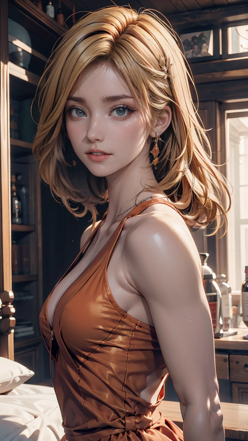 ((最high quality, 8K, masterpiece: 1.3, Ultra HD, high quality, 最high quality, High resolution, realism)) 、A 22-year-old extremely beautiful white woman、Body shape like a fashion model、Hair color blonde、blue eyeedium Hair、Straight Hair、smile、Background blur((depth of field))、Aerial perspective((atmospheric perspective))、I want my head to stay off screen、Put an anklet on your ankle、Wearing red nail polish、I have a peticure、Fashion model body type、Inner Color((colored inner hair))、Hair behind ears((hair behind ear))、Gone with the Wind、Cleavage Emphasis、