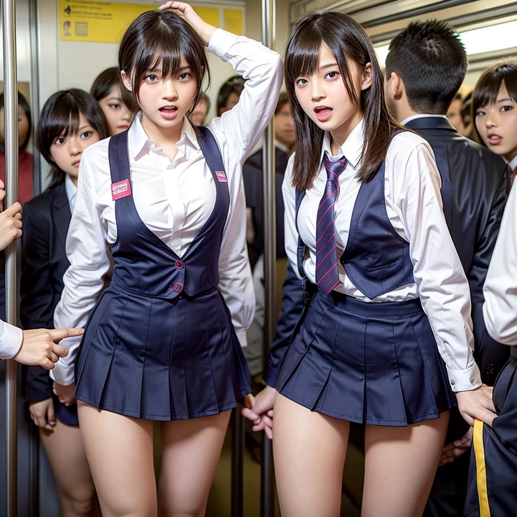 ((highest quality)), ((masterpiece)), (Familiar), A high school girl riding an escalator on her way to school、Glare、Navy Blazer、mini skirt、Navy blue socks、Back view、Photo secrets、(真From belowの眺め)、Navy blue socksのクローズアップ、mangaコマ割り、mangaスタイル、manga、Station Escalator、Everybody line up on the left、顔のみのコマとBack viewのコマ,(From below:0.1),(I can see the pussy line:1.3)
