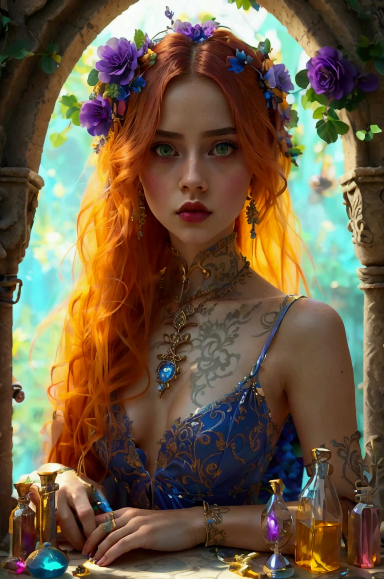 1 girl, long hair, bright hair color, seductive eyes,  Mysterious expression , Mature appearance, lovely dress , fluid dress, Elegant Jewelry, intricate decoration, magic symbols,  shiny accessories , potions, parchments, Beautiful accents, arches, Tapes, flores,