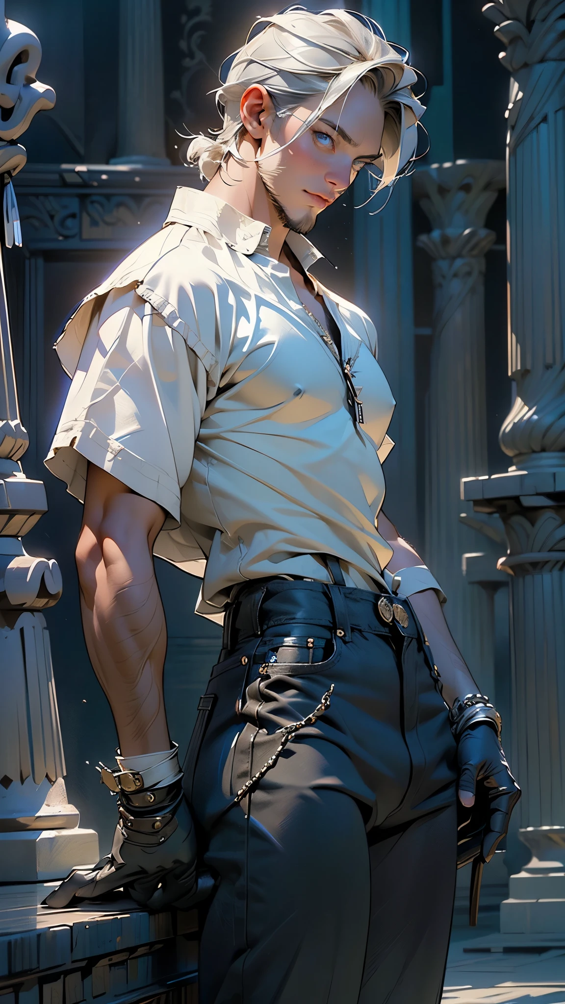 Blonde haired man；Long knife in hand；Parry pose；Surrounded by thunder；Breath of Thunder；