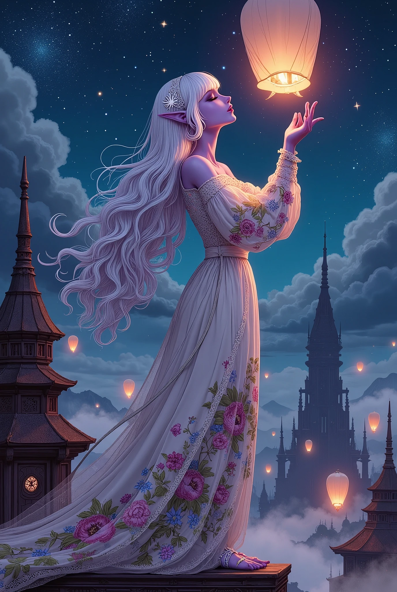 (Ultra-detailed face, Looking away, Fantasy Illustration with Gothic, Rich tone colors.), BREAK 
(Viewpoint looking up at the steeple from the edge of the roof. The night sky is cloudless with a sea of stars. On the roof of a very tall spire of a temple in the center of a medieval Asian-style religious city, a dark elf woman cleric is praying for peace, gently sending a candle-filled lantern made of paper with a floral patterned watermark into the sky with both hands.), BREAK 
(A female dark elf cleric wears a veil with a hair ornament featuring a shooting star and a white lace ribbon tie. She wears a lace-up dress of pure white transparent fabric organdie with colorful colored floral patterns woven into it, braided with layers of thin silver strings. She wears sandals of pure white woven silk tape.), BREAK 
(She has glossy pure white hair and eyebrows, blunt bangs, very long gently wavy hair that flutters in the wind, small pink lips, dark purple skin, lavender eyes, and a young aged dark elf woman cleric with thick, dark eyeliner around her eyes.), BREAK 
(This is a medieval Asian city protected by gods on all sides. A lantern festival is held on an autumn night to celebrate the harvest and mourn the deceased. Paper lanterns are released into the sky here and there around the city, creating a fantastic nighttime dung.)