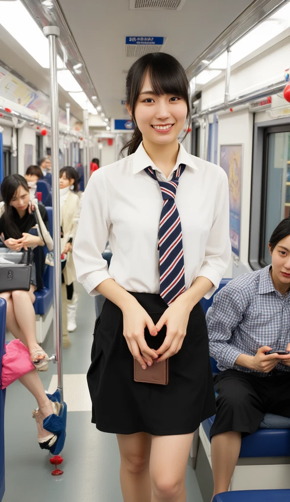 She is wearing a blouse and miniskirt with a very open chest in her company uniform while standing while leaning forward while picking up a wallet that was dropped while commuting by train、Photographed from the front of the body, 