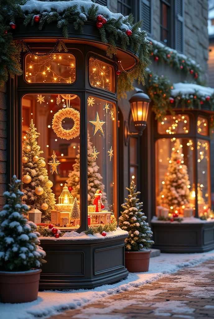 There is a shop window,There is a Christmas display inside, warm street lights store front, Shop front, shopwindows, shop window for magical weapons, watermarked, shop front, abcdefghijklmnopqrstuvwxyz, Gifts, Close-up shot, photo for a store, Full image, Shops, Magic Shop, Santa Claus Studio