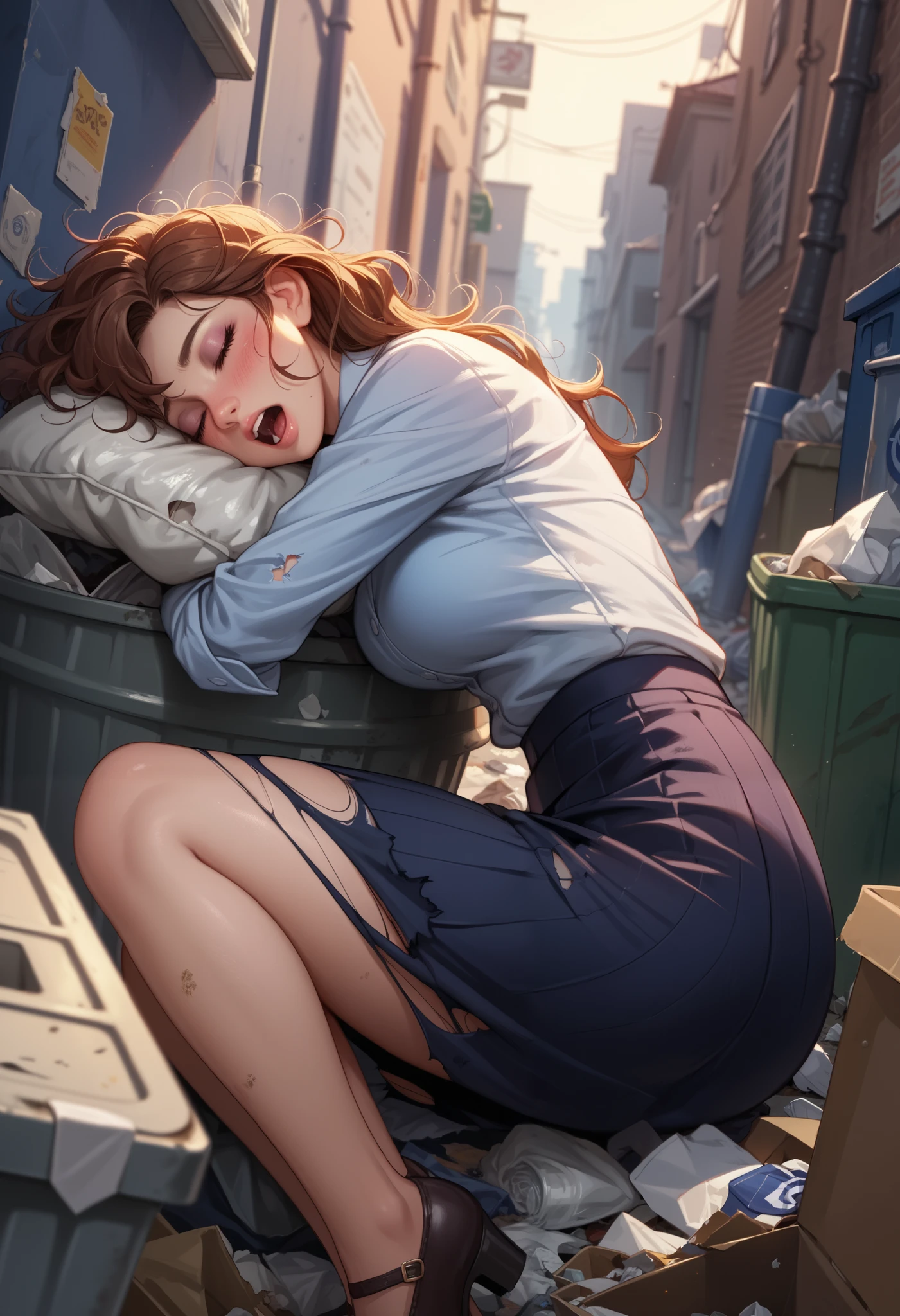 score_9, score_8_up, score_7_up, score_6_up, score_5_up, score_4_up, source_anime, solo focus, office girl, eyes closed, blushing, mouth open, drolling, passed out, (fall asleep), asleep leaning against the trash container, legs spread, (stuck in the trash container), ((inside waste container)), trash bin, disheveled clothes, skirt lifted, messy hair, dirty clothes, torn clothes, (midnight), ((night time)), dark sky, dim light, alley, topple over, dramatic angle