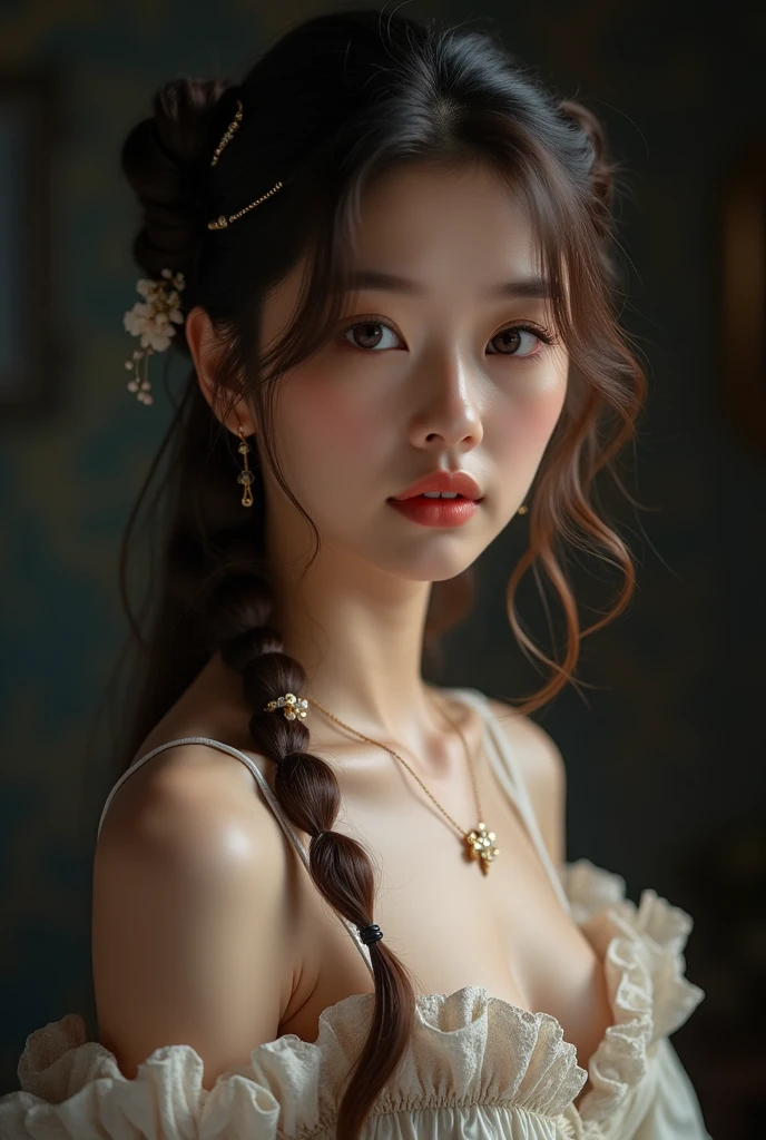  best quality, masterpiece,  High Res, 1 Girl, Porcelain clothing , Hair accessories, necklace, Jewelry,  Beautiful Face, on the body,  Tyndell effect ,  actual ,  Dark Studio , Edge lighting,  Two-color lighting, ( highly detailed skin : 1.2), 8K UHD,  DSLR , Soft Light,  high quality , Volumetric Light, reality, photo,  High Res, 4K, 8K,  background blur,